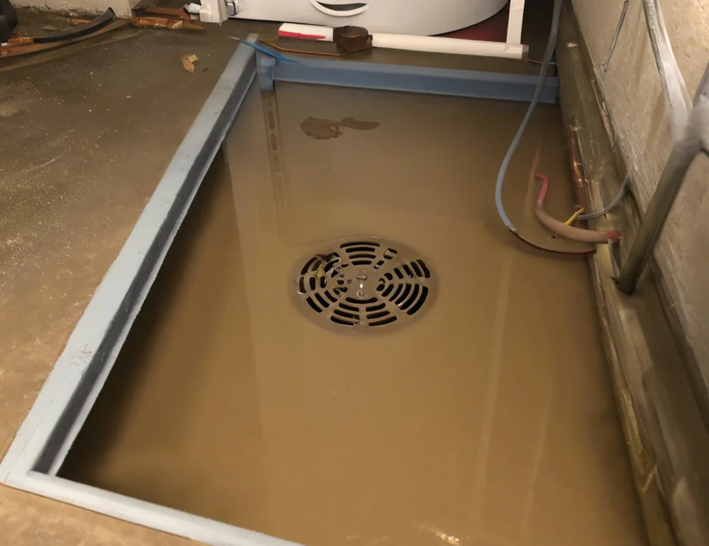 Basement floor drain backing up with wastewater — a sign of a main sewer line blockage in Warren, MI